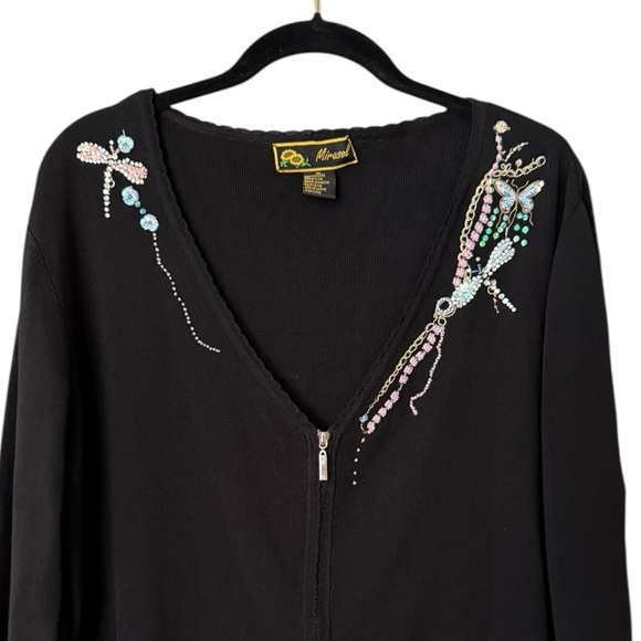 Vintage Black Cardigan Sweater Size XL Rhinestone Embroidered Dragonfly - Picture 8 of 17